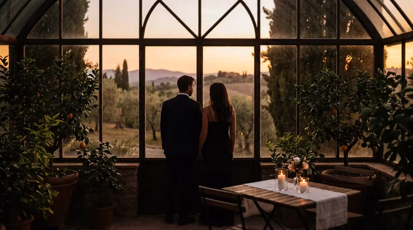 Couple silhouetted inside a private Orangerie near Siracusa at sunset