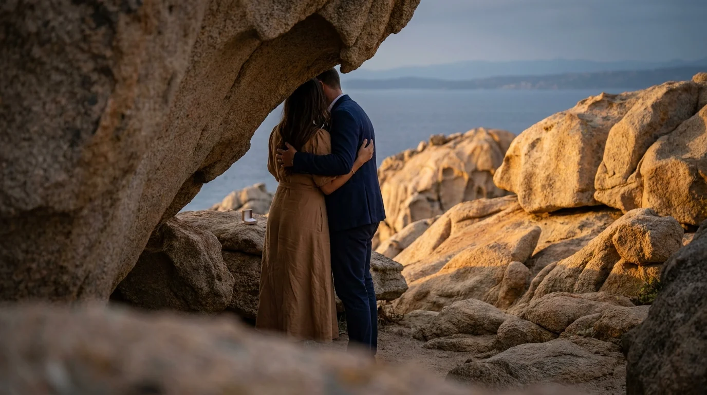Couple embracing between wind carved granite boulders at Capo Testa in Sardinia