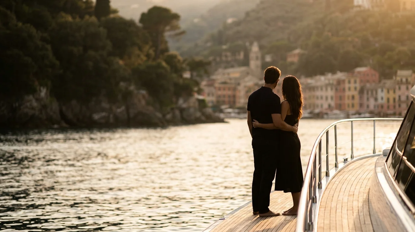 Husband and wife silhouetted aboard a private boat off Portofino