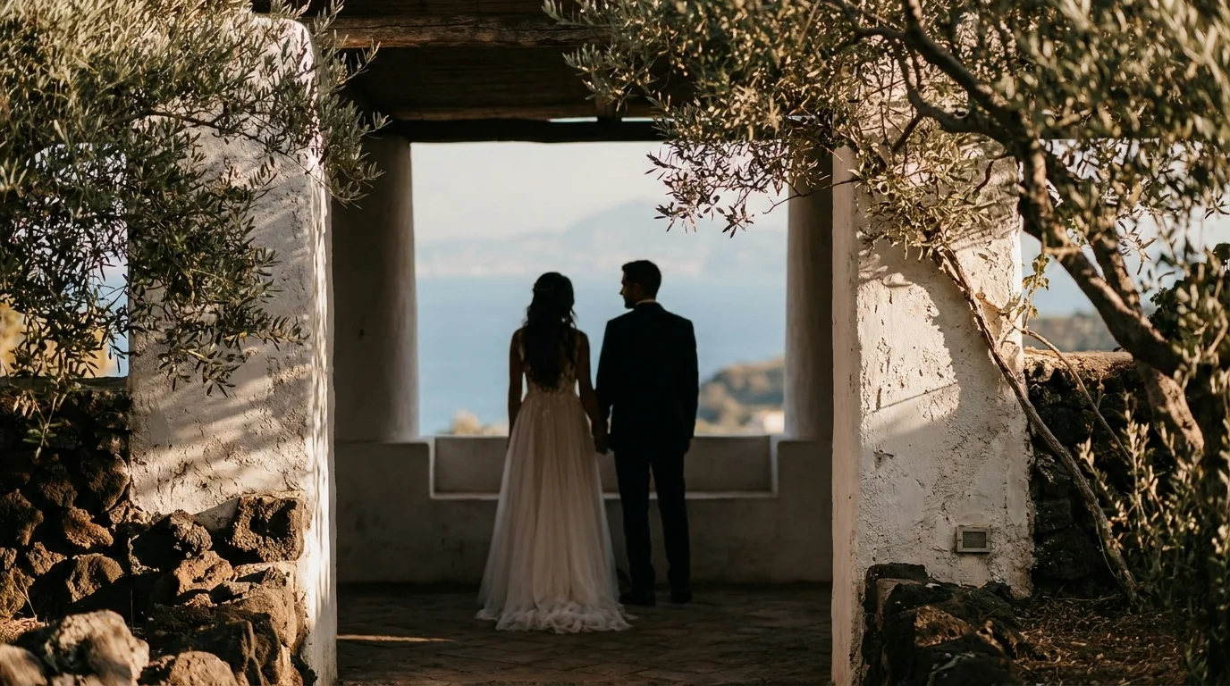 Bride and groom silhouettes framed by olive foliage on an Ischia terrace