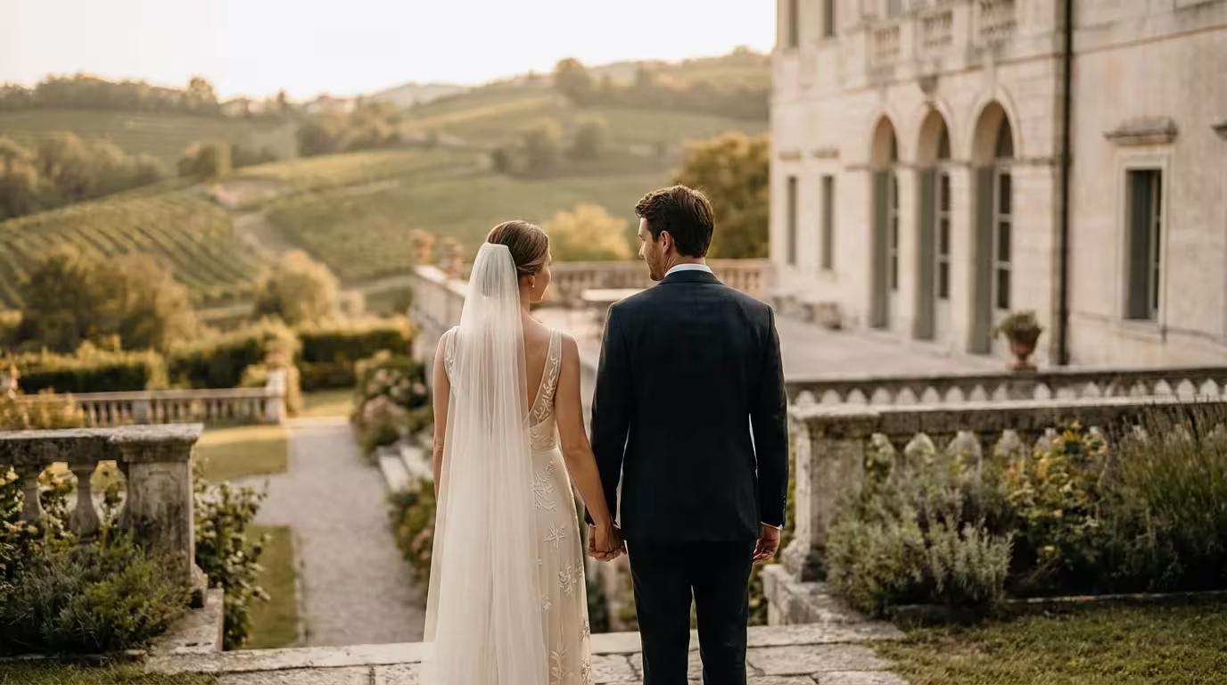 Bride and groom overlooking Valpolicella vineyards near Verona in golden light