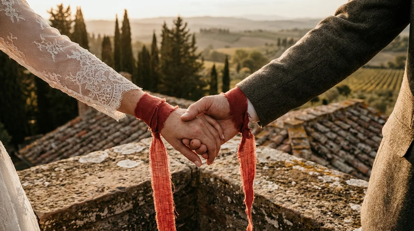 Red ribbon around joined wedding hands above cypress-lined hills in Tuscany