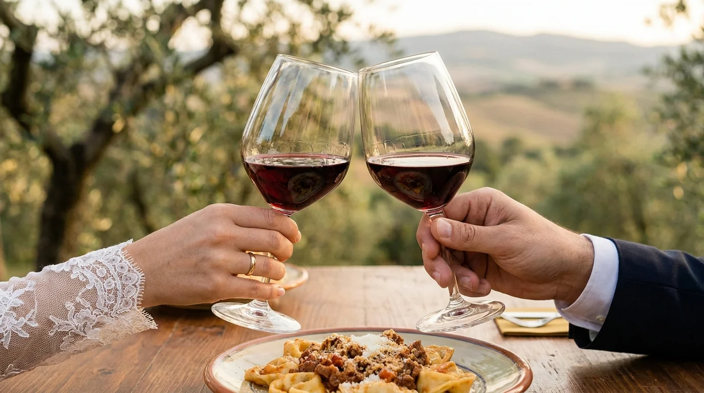 Bride and groom raising wine glasses beside tordelli near Lucca