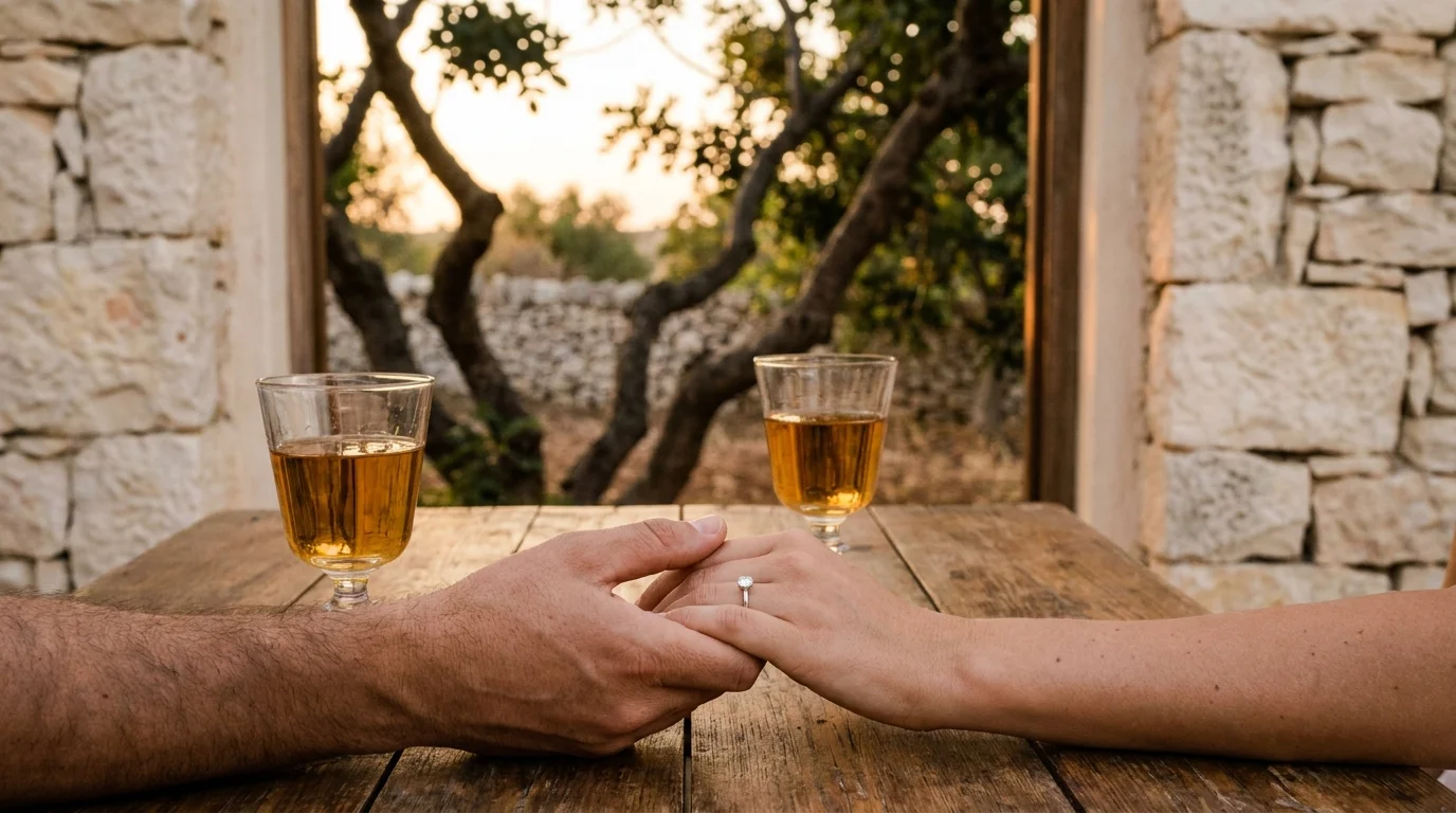 Engagement ring and intertwined hands beside wine glasses near Ragusa