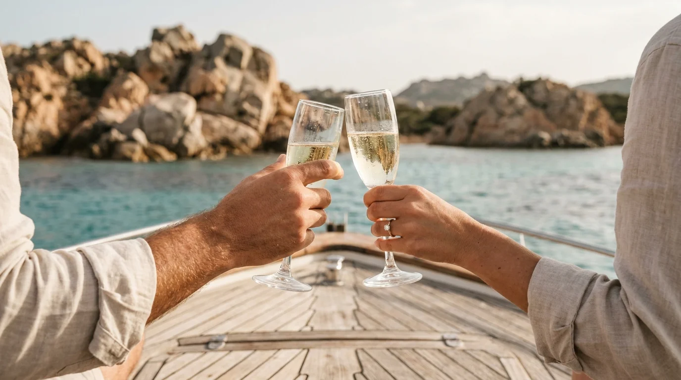 Engaged couple holding champagne glasses aboard a boat in La Maddalena
