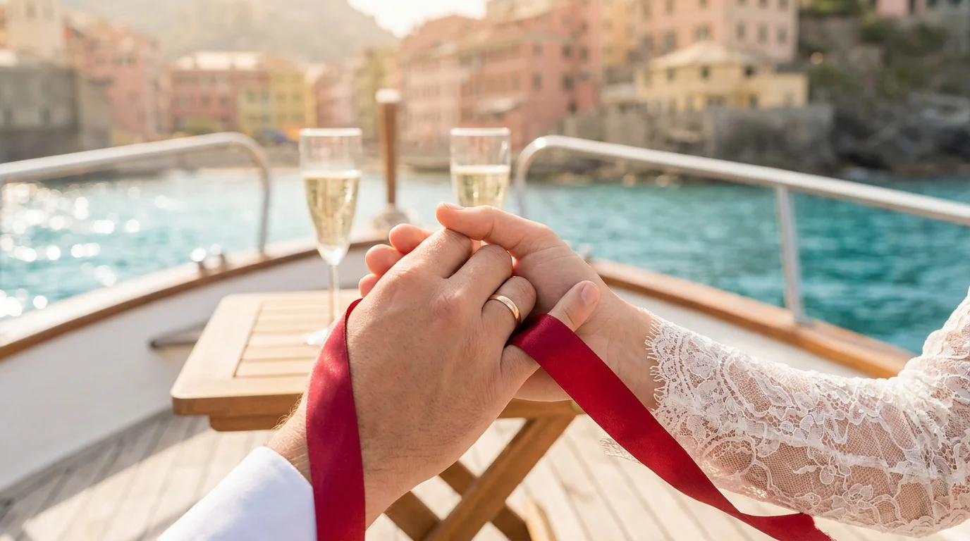 Cropped hands with red ribbon and champagne aboard a Portofino boat