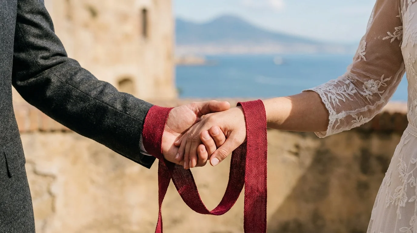 Joined hands wrapped in deep red ribbon above Sorrento's blue gulf