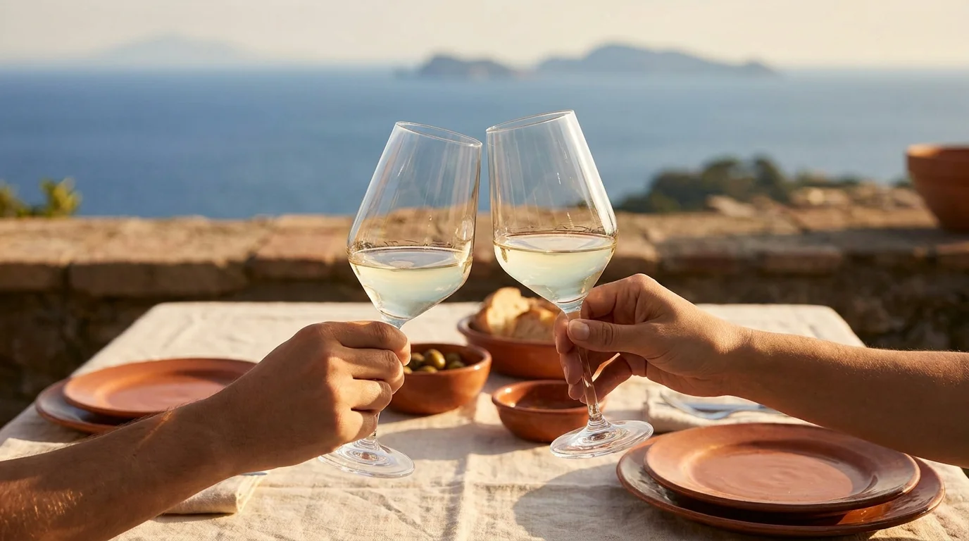 Anonymous hands holding white wine glasses above a terracotta table in Ischia