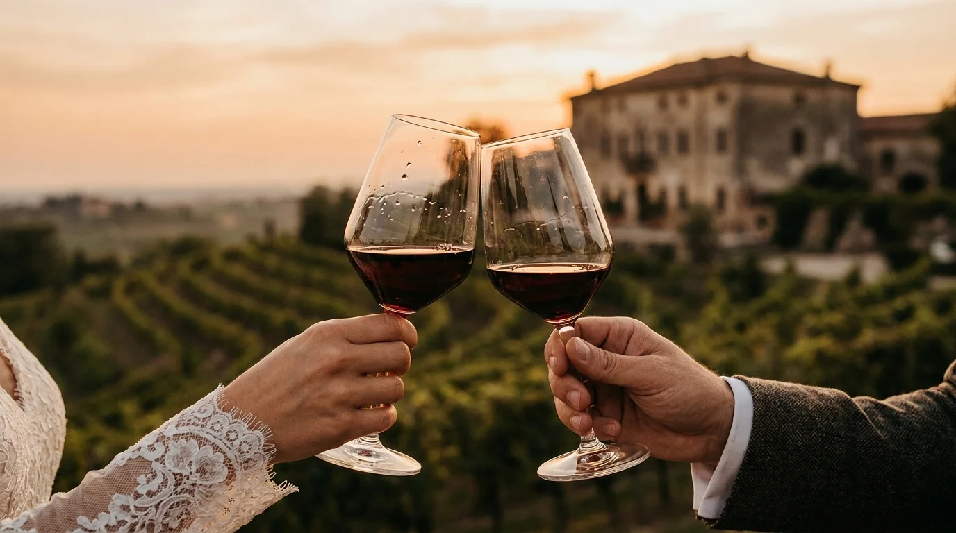 Bride and groom holding red wine glasses beside vineyards near Verona