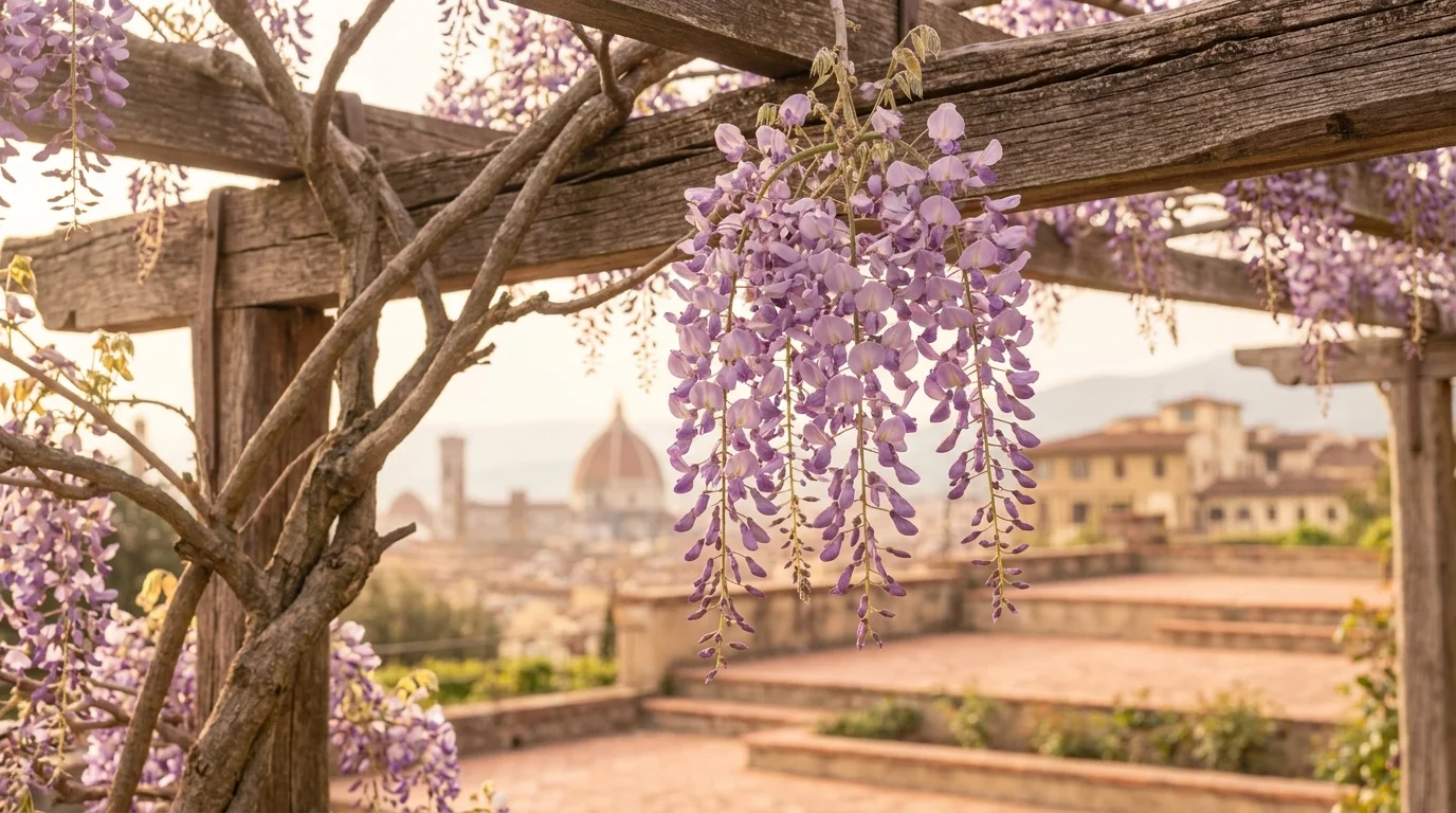 Lilac wisteria blossoms frame a softened Duomo view at Giardino Bardini, Florence