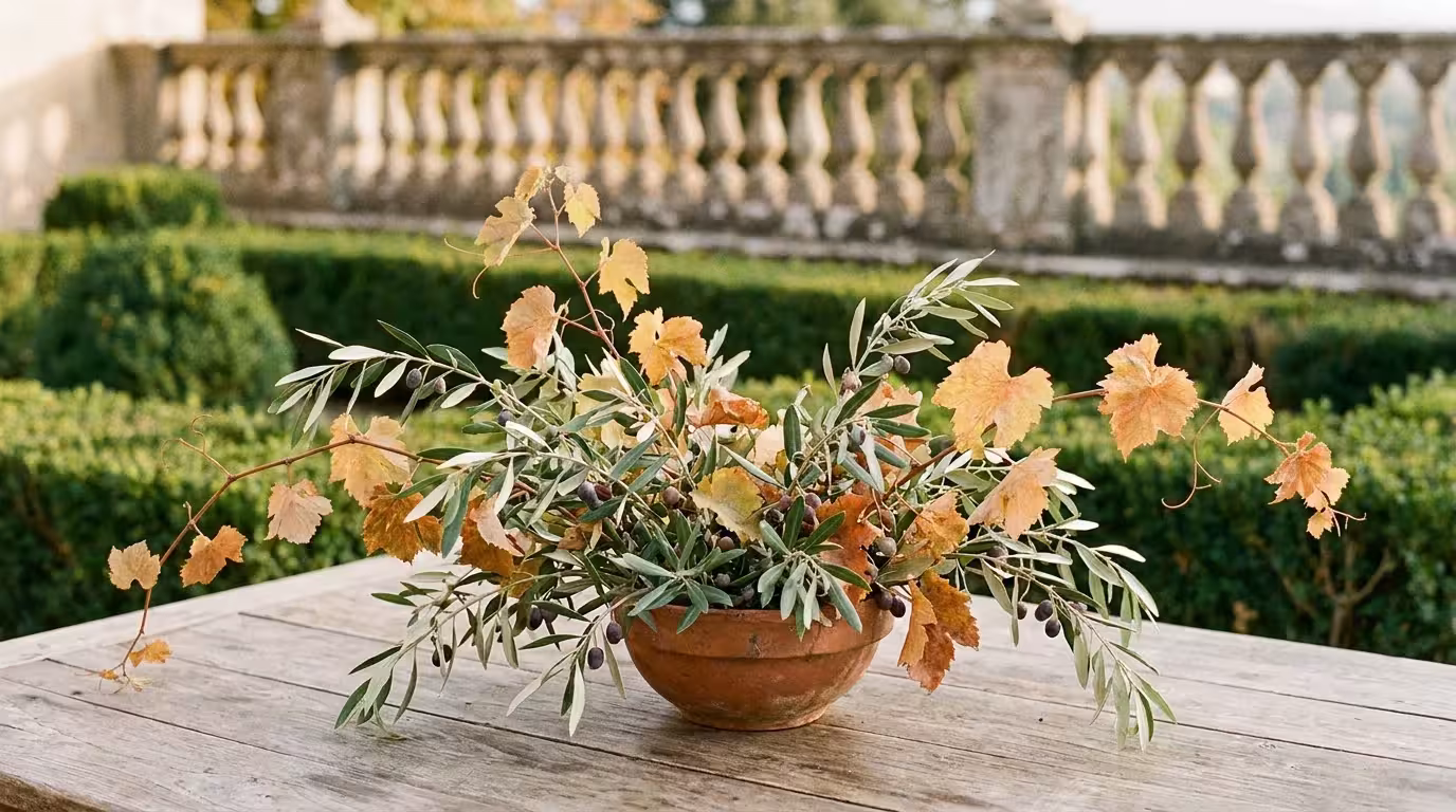 Low olive branch and vine leaf arrangement in a Lucca garden
