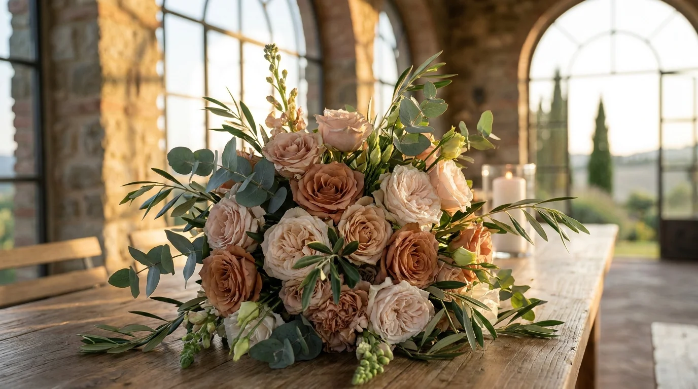 Seasonal bouquet beside a candle inside an Orangerie near Siracusa