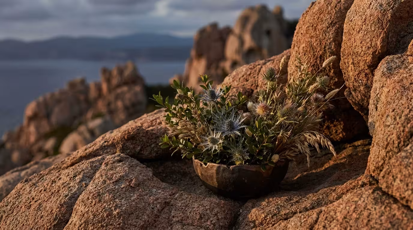 Low floral arrangement nestled beside weathered granite at Capo Testa in Sardinia