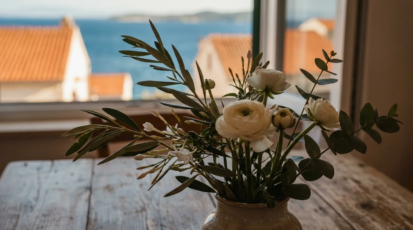 Seasonal Riviera flowers inside a private apartment overlooking Portofino's coastal waters