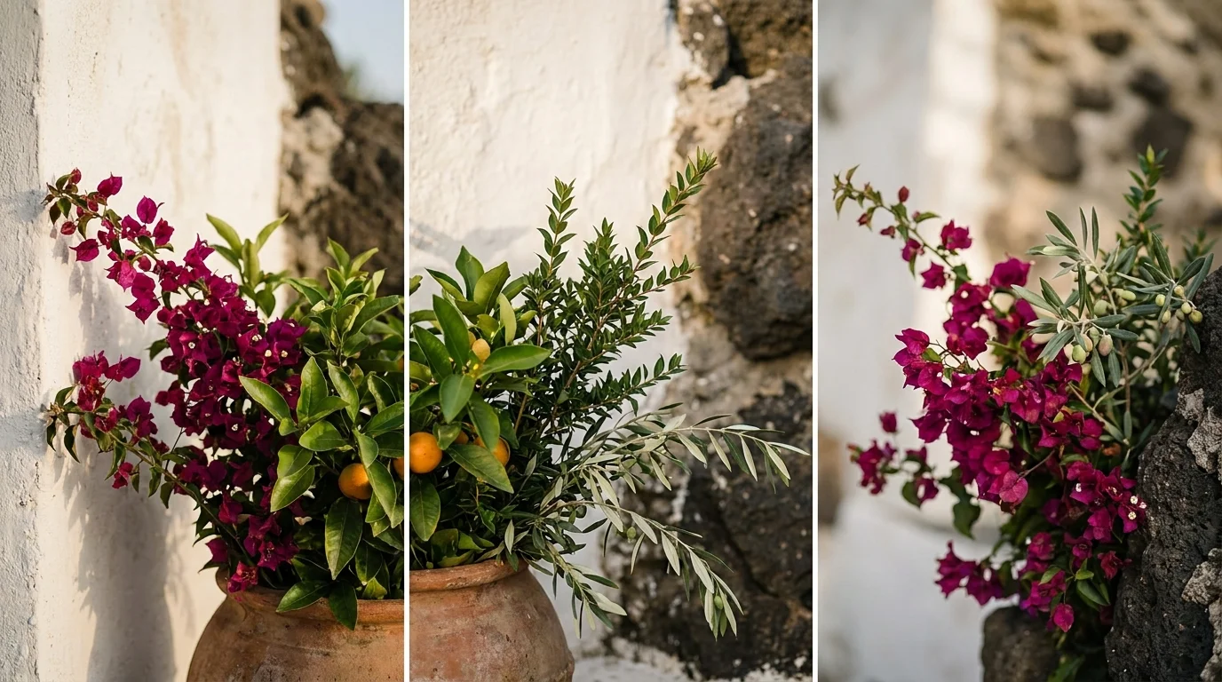 Bougainvillea, myrtle and olive branches arranged against a whitewashed wall in Ischia
