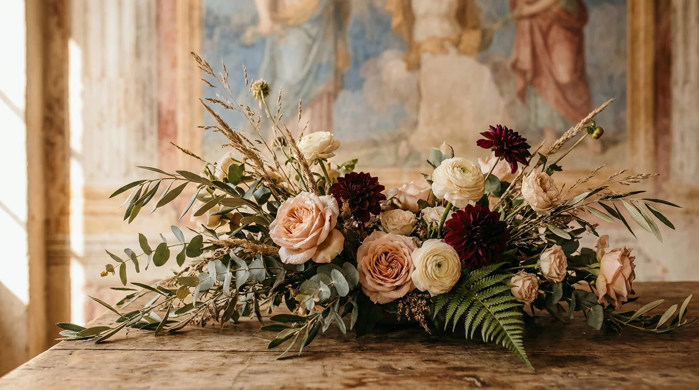 Low flowers and greenery beneath frescoes in a Valpolicella hall near Verona