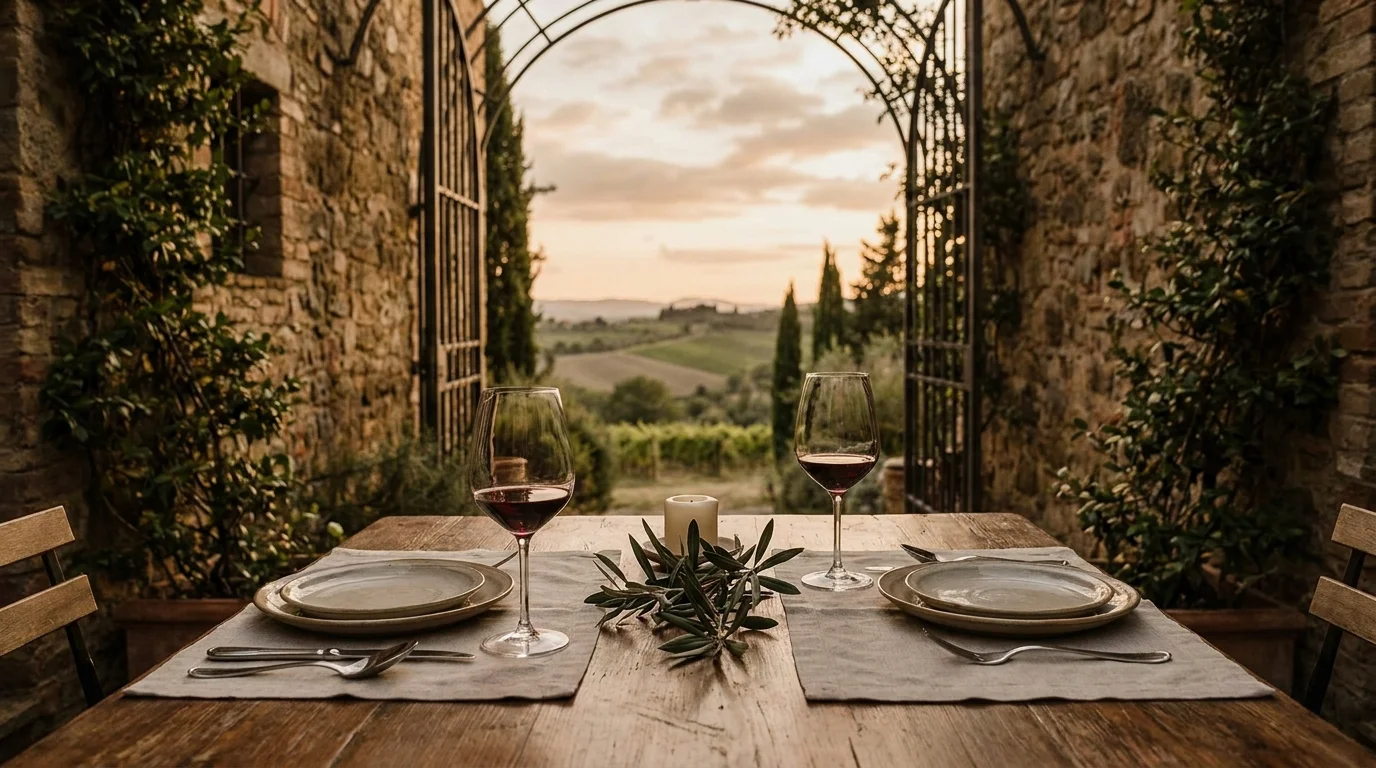 Dinner table for two beside Tuscan stone in a Siena agriturismo garden