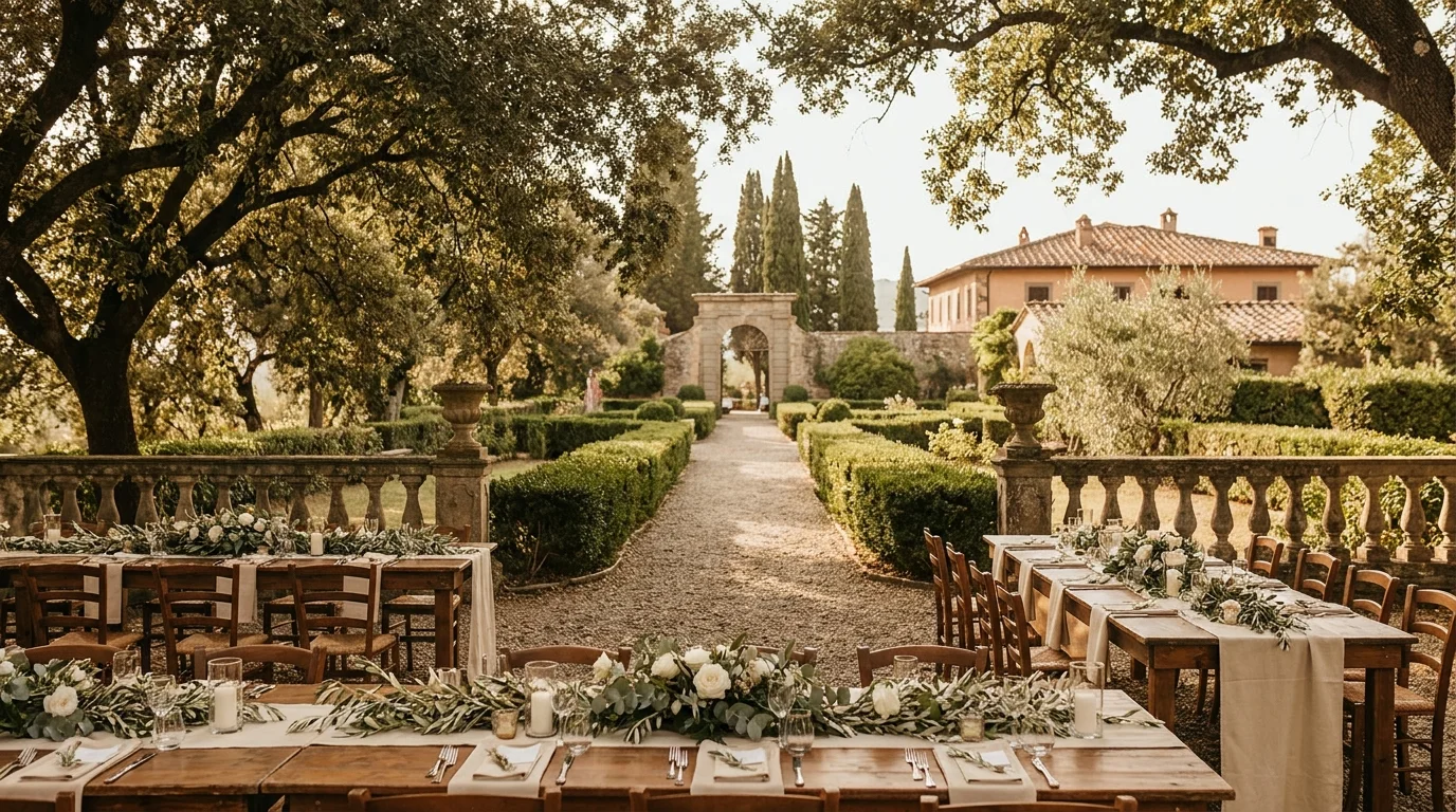 Wedding reception tables beside an open path in a Lucca villa garden