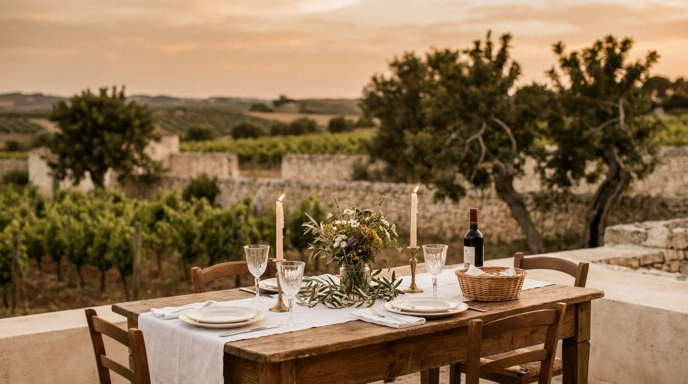 Private dinner table with flowers and candles overlooking vines near Ragusa