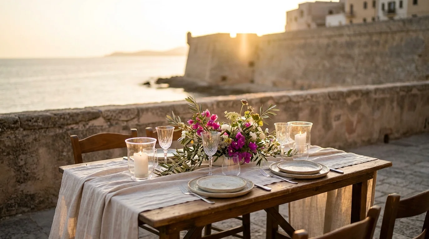 Terrace table set for two overlooking Alghero sea walls at sunset