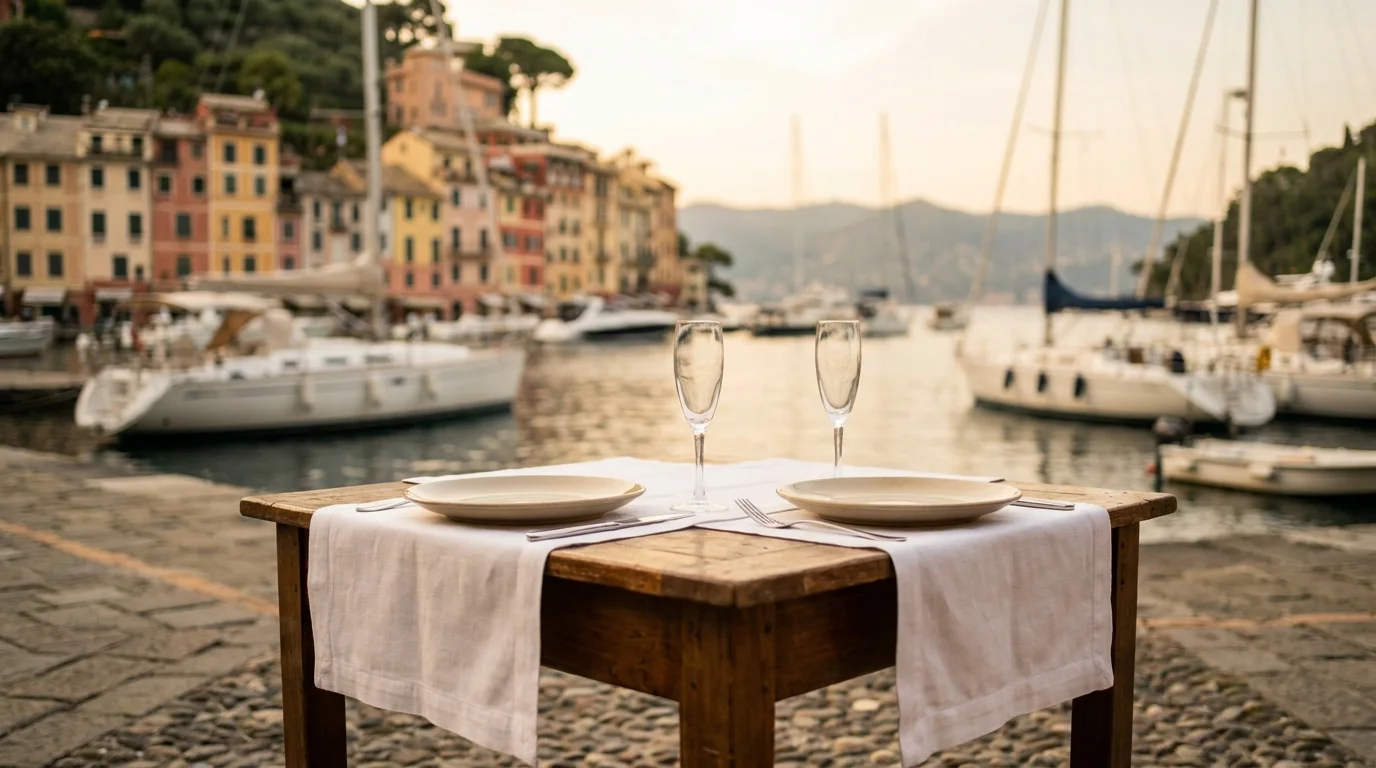 Dinner table for two overlooking yachts in Portofino's historic Piazzetta