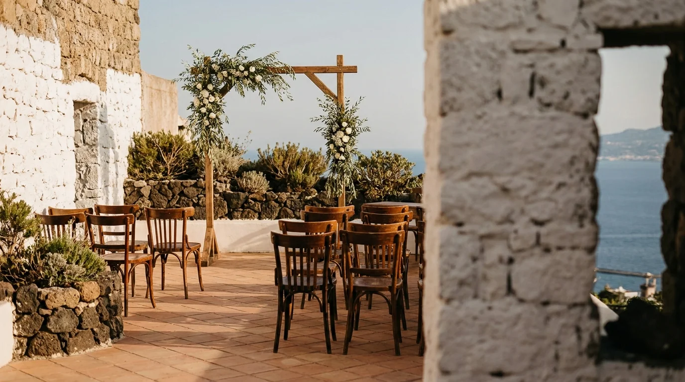 Intimate ceremony seating sheltered by stone walls and olive foliage in Ischia