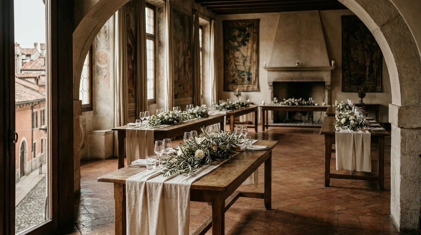 Wedding dinner tables framed by an eighteenth-century palazzo interior in Verona
