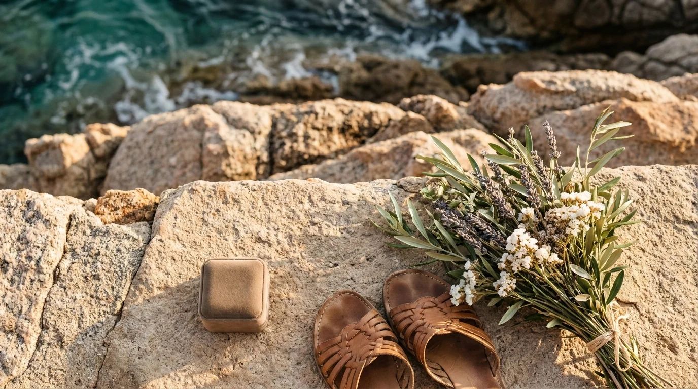 Ring box, flat shoes and bouquet on a Costa Smeralda terrace