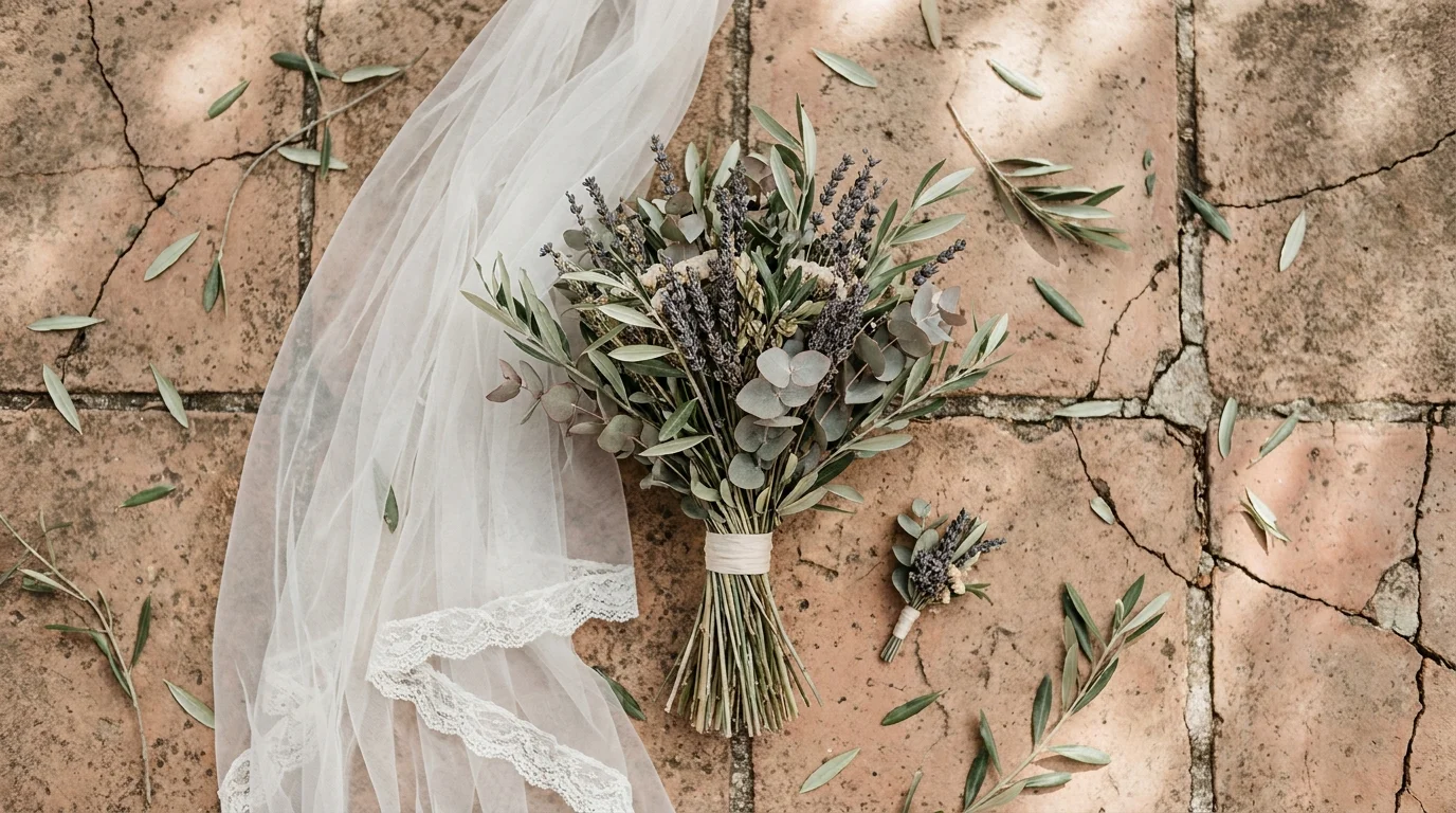 Bouquet, veil and boutonnière arranged on terracotta beside olive foliage in Tuscany