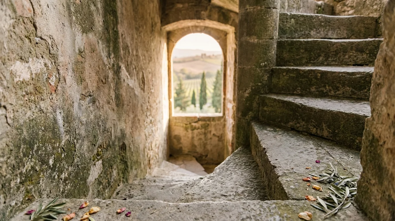 Stone stairs inside a medieval tower overlook cypress-lined countryside in Tuscany