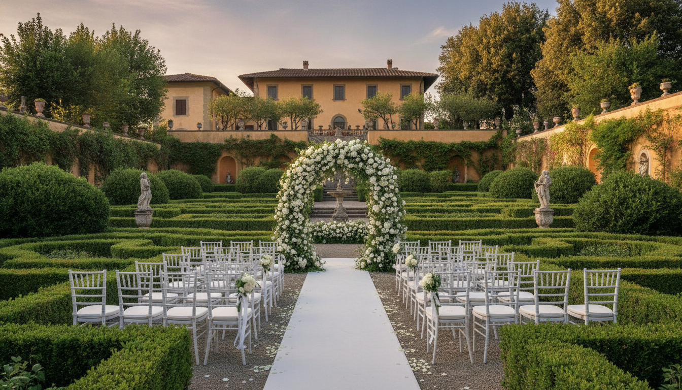 Garden of Villa Corsini a Mezzomonte set for a wedding, Florence – villa corsini wedding 50 guests low season – Kiss Me Italy