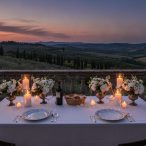 Candlelit dinner setup at Villa Poggiano, Montepulciano – villa poggiano escape proposal montepulciano – Kiss Me Italy