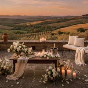 Proposal setup on a panoramic terrace of Villa Poggiano, Montepulciano – villa poggiano proposal montepulciano – Kiss Me Italy